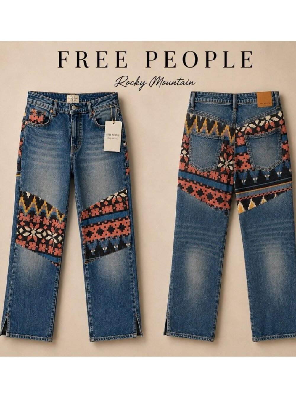 Free People Rocky Mountain Patchwork Straight Leg Jeans Southwest Denim NWT 31